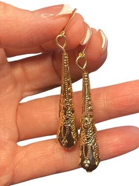 Gold Tone Filigree Teardrop Earrings with Black Faceted Bead